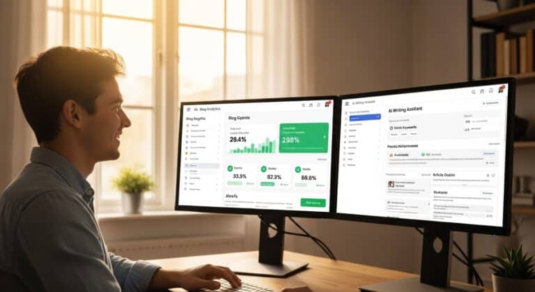 Man uses dual monitors, viewing blog analytics and AI writing assistant software.